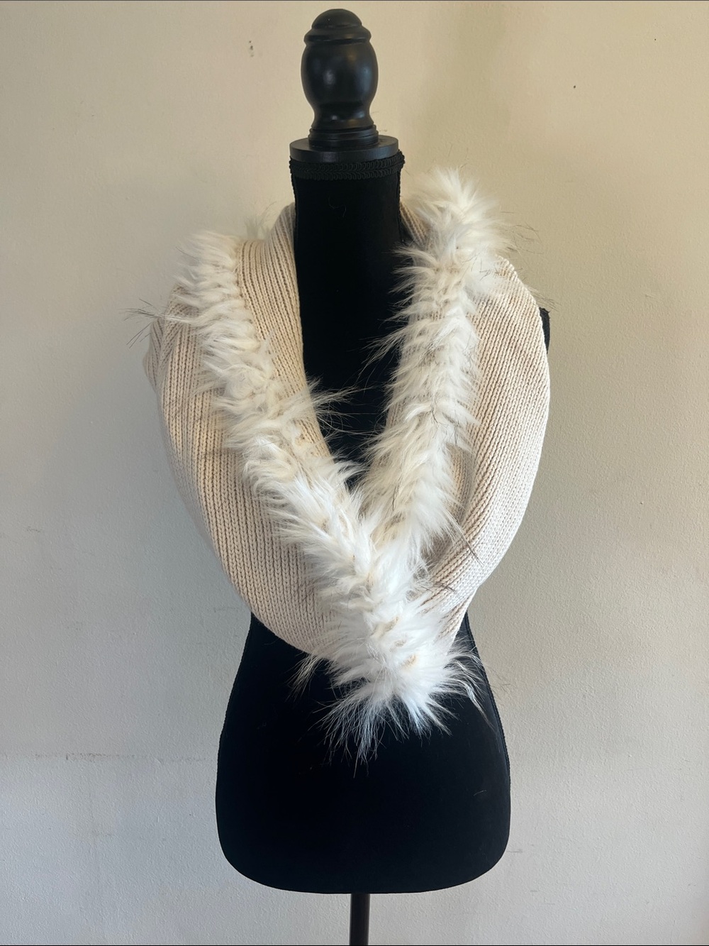 CAbi Cream Twist Knit Infinity Scarf with Faux Fur Trim